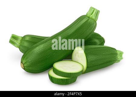 Zucchine intere fresche isolate su fondo bianco con percorso di ritaglio e profondità di campo completa Foto Stock