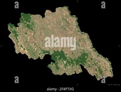 Iasi, contea di Romania. Immagini satellitari Sentinel-2. Forma isolata su nero. Descrizione, ubicazione della capitale. Contiene Copernicus Sen modificato Foto Stock