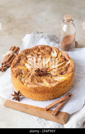 Torta di mele con cannella su tavola di legno, fondo di cemento chiaro. Torta di semola con mela e spezie. Mannik fatto in casa. Messa a fuoco selettiva. Foto Stock