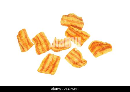 Patatine di pancetta. Deliziosi spuntini con pancetta isolati su sfondo bianco. Pancetta con spuntini salati in pellet. Patatine affumicate al gusto di bacon. Foto Stock