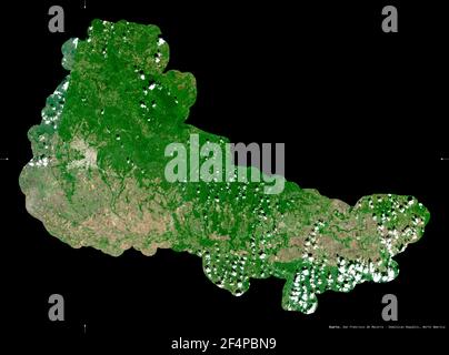 Duarte, provincia della Repubblica Dominicana. Immagini satellitari Sentinel-2. Forma isolata su nero. Descrizione, ubicazione della capitale. Contiene modificato Foto Stock