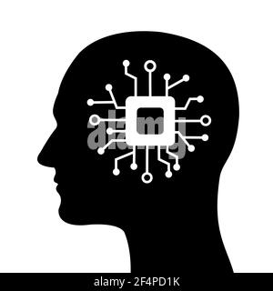 Android e Humanoid - silhouette di umano con processore, microprocessore, chip, chipset e cpu in testa invece che cervello. Robot umano e moderno di Foto Stock
