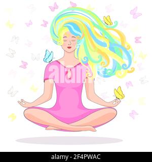 Una donna medita in natura . La posizione lotus. Farfalle volare. Illustrazione concettuale per yoga, meditazione, relax, relax, vettore Illustrazione Vettoriale