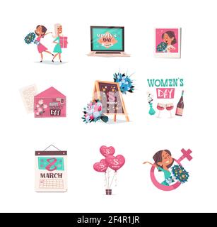set donne giorno 8 marzo festa festeggiamenti banner volantini o. raccolta di biglietti d'auguri Illustrazione Vettoriale