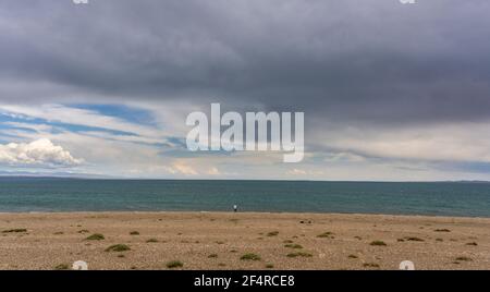 Khyargas Nuur, lago di Khyargas in Mongolia con cielo scuro e nuvole, montagne e steppa. Foto Stock