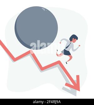 Concetto di crisi finanziaria, donna d'affari sulla freccia rossa. Donna che corre giù su una freccia seguita da una grande roccia che rotola dopo di lei. Illustrazione Vettoriale
