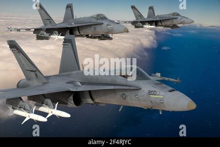 Boeing F / A-18E / F Super Hornet in volo sopra le nuvole Foto Stock