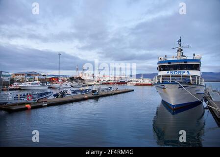 Reykjavik, Islanda - 16 ottobre 2016: Molte barche e navi diverse nel porto della città Foto Stock