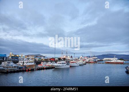 Reykjavik, Islanda - 16 ottobre 2016: Molte barche e navi diverse nel porto della città Foto Stock