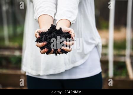 Le mani della giovane donna che tengono il composto fresco con i letti sollevati offuscati in un giardino. Foto Stock