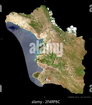 L'Artibonite, dipartimento di Haiti. Immagini satellitari Sentinel-2. Forma isolata su nero. Descrizione, ubicazione della capitale. Contiene la cope modificata Foto Stock