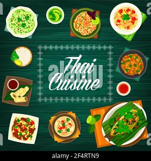 Cucina thailandese e thailandese menu', piatti asiatici ristorante, vettoriale. Cucina tradizionale tailandese, pollo piccante al curry, zuppa di cocco Tom Kha, pesce wi Illustrazione Vettoriale