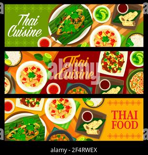 Cucina thailandese, menu di piatti asiatici thailandesi, banner vettoriali. Cucina tailandese con curry piccante di pollo, zuppe e insalate, peperoncino Illustrazione Vettoriale