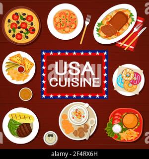 Menu di cucina americana e americana per ristorante e caffè, Vector. Cucina americana piatti tradizionali e poster dei pasti con sandwich, cheesebu Illustrazione Vettoriale