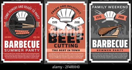 Barbecue festa e ristorante bistecca poster retrò. Salsicce grigliate su griglia barbecue, pinze per barbecue, forchetta e toque da chef, cetella da cucina, gamba di jamon Illustrazione Vettoriale