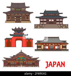 Giappone, templi e santuari architettura, monumenti buddisti giapponesi, edifici vettoriali. Tempio di Dazaifu Temmangu a Fukuoka, tempio di Sofuku-ji Illustrazione Vettoriale