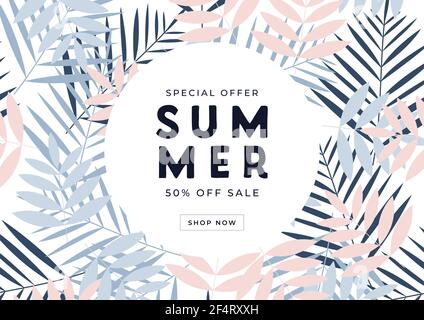 Offerta speciale Offerta estiva 50% di sconto banner. Buono omaggio tropicale, modello di buono sconto. Illustrazione Vettoriale
