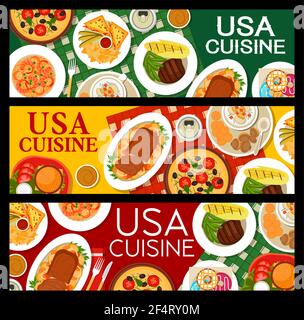 Striscioni di cucina americana, menu di cibo per il ristorante e caffè pranzo, vettore. USA autentici piatti e cucina americana, cucina del mondo, colazione o. Illustrazione Vettoriale