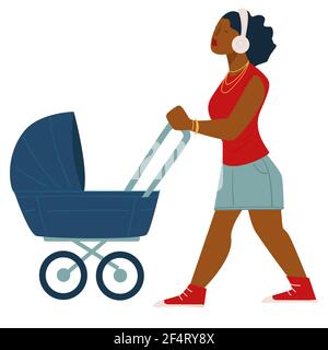 Donna afro-americana con musica d'ascolto pram Illustrazione Vettoriale