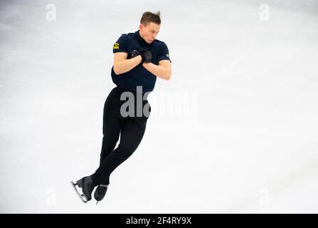 Nikolaj Majorov di Svezia in azione durante una sessione di allenamento prima del campionato ISU World Figure Skating Championships alla Globe Arena di Stoccolma, Svezia, il 23 marzo 2021. Foto: Pontus Lundahl / TT / code 10050 *** SWEDEN OUT *** Foto Stock