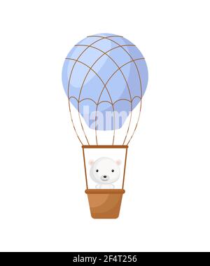 Carino orso polare volare su palloncino blu caldo aria. Personaggio cartoon per bambini libro, album, baby doccia, biglietto d'auguri, invito alla festa, casa i Illustrazione Vettoriale