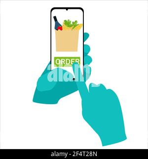 una mano in un guanto protettivo può contenere uno smartphone e ordinare cibo nell'app. concetto di consegna e shopping senza contatto sicuro. stile piatto Illustrazione Vettoriale