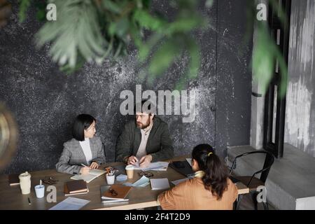 Ritratto di uomo d'affari bearded che parla con le colleghe femminili durante la riunione al tavolo nell'ufficio grigio minimo, spazio di copia Foto Stock