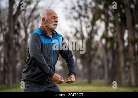 L'uomo anziano sta praticando l'esercitazione del chi del Tai nel parco. Foto Stock