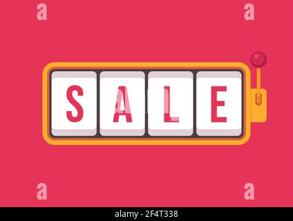 Vendita in banner giochi slot machine. Giochi da casinò, vettore slot machine con testo Vendita. Illustrazione Vettoriale