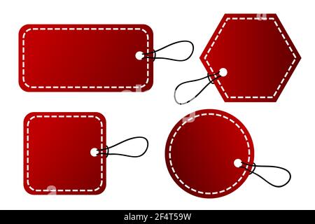 Etichetta a gradiente rosso vettoriale a 4 forme, bordo a punto bianco con corda nera, isolato su bianco Illustrazione Vettoriale