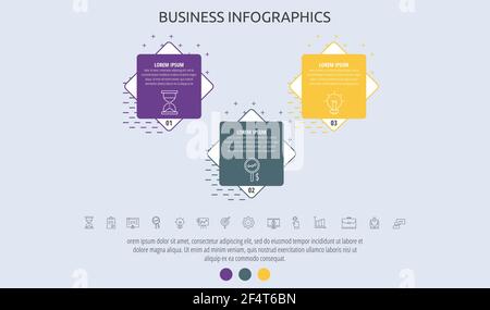 Etichetta infografica aziendale vettoriale con quadrati per tre etichette, diagrammi, grafici, presentazioni. Concetto Rhombus con 3 opzioni o passi utilizzati con Illustrazione Vettoriale