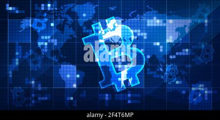 Sfondo astratto e luminoso della tecnologia Bitcoin con sfondo della mappa del mondo. Nuova e moderna carta da parati cripto Foto Stock