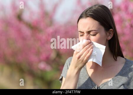 Donna che soffia su tessuto che soffre allergia in primavera in un campo di alberi di pesca Foto Stock