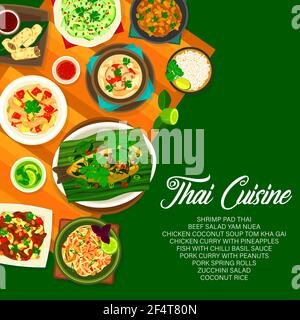 Poster della cucina thailandese e thailandese, copertina del menu del ristorante asiatico, vettoriale. Piatti e pasti tradizionali Thai con pollo piccante al curry e cocco Illustrazione Vettoriale