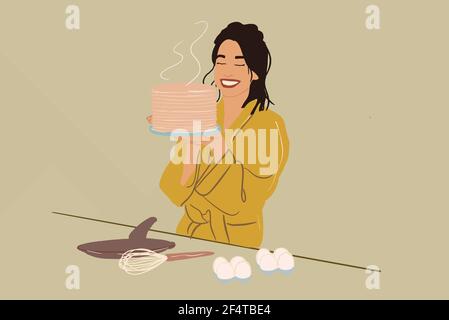 Bella donna in un accappatoio giallo gode di una pila di frittelle fresche cucinate. Colazione dolce al mattino. Illustrazione vettoriale. Illustrazione Vettoriale