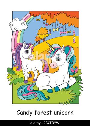 Simpatici unicorni nella foresta autunnale. Cartoon vettoriale illustrazione colorata. Per cartoline, poster, design, biglietti d'auguri, adesivi, arredamento della camera, festa e. Illustrazione Vettoriale