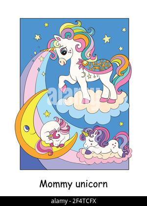 Unicorno mummia con due bambini addormentati.Vector cartoon colorato illustrazione. Per cartoline, poster, design, biglietti d'auguri, adesivi, arredamento della camera, festa Illustrazione Vettoriale