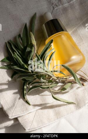 Olio essenziale con estratto di foglie di salvia. Bagno igienico. Rigenerazione della terapia benessere Foto Stock