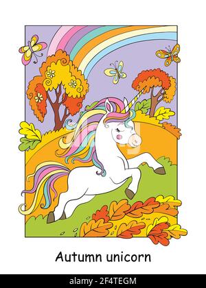 Carino unicorn corsa nella foresta di autunno. Cartoon vettoriale illustrazione colorata. Per cartoline, poster, design, biglietti d'auguri, adesivi, arredamento camera, pa Illustrazione Vettoriale