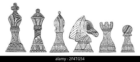 Set con King, Queen, Bishop, Knight, Rook e Pawn Scacchi pagina da colorare per adulti e bambini, isolato su bianco. Creme da collezione in bianco e nero Illustrazione Vettoriale