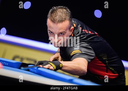 MILTON KEYNES, REGNO UNITO. 23 marzo 2021. David Alcaide durante 2021 Champion League Pool - Day 2 Matches alla Marshall Arena martedì 23 marzo 2021 a MILTON KEYNES INGHILTERRA. Credit: Taka G Wu/Alamy Live News Foto Stock