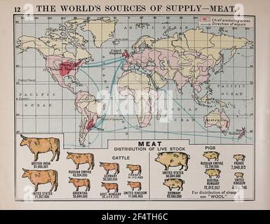 Mappa mondiale di 'Philips' Chamber of Commerce Atlas', 1912, che mostra la produzione di carne. Foto Stock