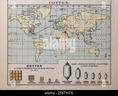 Mappa mondiale di 'Philips' Chamber of Commerce Atlas', 1912, che mostra la produzione di cotone. Foto Stock