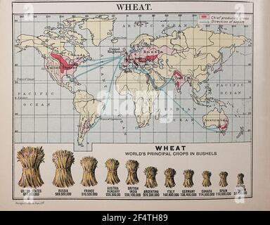 Mappa mondiale di 'Philips' Chamber of Commerce Atlas', 1912, che mostra la produzione di grano in bushel. Foto Stock