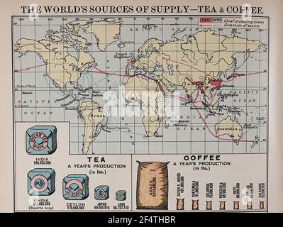 Mappa mondiale di 'Philips' Chamber of Commerce Atlas', 1912, che mostra la produzione di tè e caffè. Foto Stock