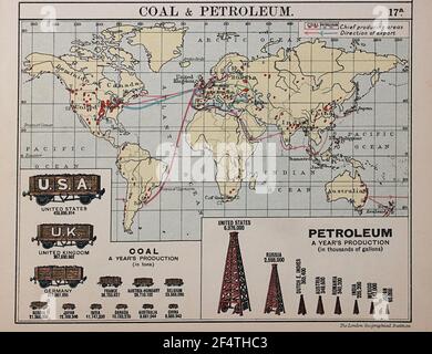 Mappa mondiale di 'Philip's Chamber of Commerce Atlas', 1912, che mostra la produzione di carbone e petrolio. Foto Stock