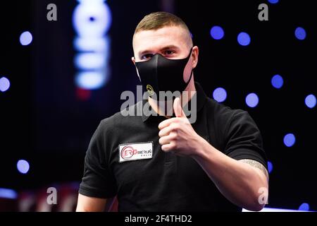 MILTON KEYNES, REGNO UNITO. 23 marzo 2021. Mieszko Fortunski durante 2021 Champion League Pool - giorno 2 partite alla Marshall Arena martedì 23 marzo 2021 a MILTON KEYNES INGHILTERRA. Credit: Taka G Wu/Alamy Live News Foto Stock