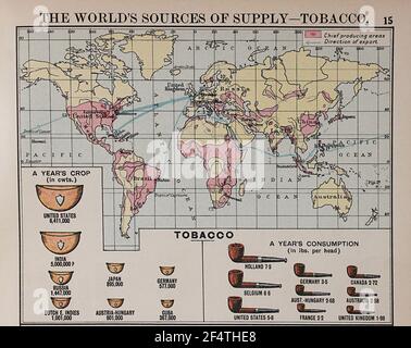 Mappa mondiale di 'Philip's Chamber of Commerce Atlas', 1912, che mostra la produzione e il consumo di tabacco. Foto Stock