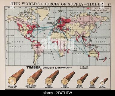 Mappa mondiale di 'Philip's Chamber of Commerce Atlas', 1912, che mostra la produzione di legname. Foto Stock