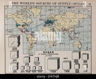 Mappa del mondo di 'Philip's Chamber of Commerce Atlas', 1912, che mostra la produzione di zucchero in tonnellate, sia di canna che di barbabietola. Foto Stock